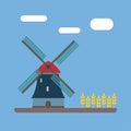 Windmill and wheat ears. Mill symbol. Agriculture landscape. Colorful vector illustration in flat style Royalty Free Stock Photo